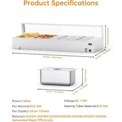 96QT Electric Commercial Food Warmer, 12x8QT Steam Table Stainless Steel Bain Marie Countertop W/Acrylic Shield Temperature Control & Lid For Buffet