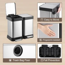 2x6.6 Gal (2x25L) Trash Can, Stainless Steel 2 Compartments Trash Can With Recycling Bin, Soft-Close Lid, Step-on Garbage Bin (No Inner Buckets) -Furniture GUEST 62f57022 9fbd 4ab5 b3a4 71048471b7e7