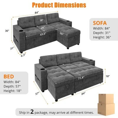 Sofa Bed, 84 Inch Sleeper Sofa With Pull Out Bed And Charging Ports, L Shaped Couches For Living Room With 2 Storage Armrests And 2 Cup Holders 4 Sofa Bed, 84 Inch Sleeper Sofa With Pull Out Bed And Charging Ports, L Shaped Couches For Living Room With 2 Storage Armrests And 2 Cup Holders - Image 2