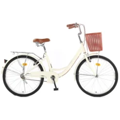 26 Inch Beach Cruiser Bike For Women, Womens Bike With Basket 1 Speed, Step Through Bikes, Commuter Bicycle Women Adult With Adjustable Seat Beige
