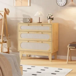 Rattan Nightstand With Drawers, Modern Large Bedside Table Night Stand For Bedroom