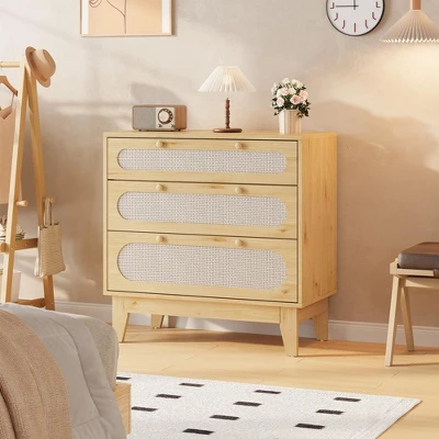 Rattan Nightstand With Drawers, Modern Large Bedside Table Night Stand For Bedroom 3 Rattan Nightstand With Drawers, Modern Large Bedside Table Night Stand For Bedroom