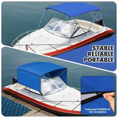 3/4 Bow Bimini Tops With Mesh Sidewalls, Boat Canopy With Support Poles, Marine Grade Pu Coating Canvas, 2 Straps, 2 Rear Support Poles, Zippered Boot 5 3/4 Bow Bimini Tops With Mesh Sidewalls, Boat Canopy With Support Poles, Marine Grade Pu Coating Canvas, 2 Straps, 2 Rear Support Poles, Zippered Boot - Image 3