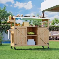 TROPOW Outdoor Grill Cart With Storage Cabinet, Farmhouse Solid Wood Kitchen Island On Wheels, Outdoor Grill Table With Stainless Steel Table Top -Furniture GUEST 6a410343 8251 4b79 be67 dfc3b8fe985e