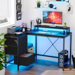 43 Inch Computer Desk, L Shaped Desk With Power Outlets And Led Lights, 3-Drawer Gaming Desk With Storage Shelves And Monitor Stand -Furniture GUEST 6d171ff1 3c14 4bb4 b439 223e482b1867