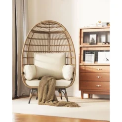 Oversize Wicker Egg Chair Outdoor With Steel Frame, Egg Basket Lounge Chair With 4 Cushions, Egg-Shaped Chair For Patio, Porch, Backyard