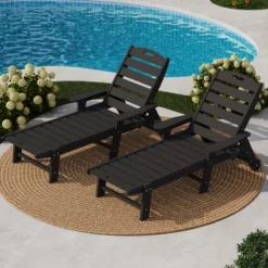 TARGET HDPE 5-Position Lounge Chair For Outside, Outdoor HDPE Chaise Loungers With Cup Holder, Resin Pool Lounge Chair