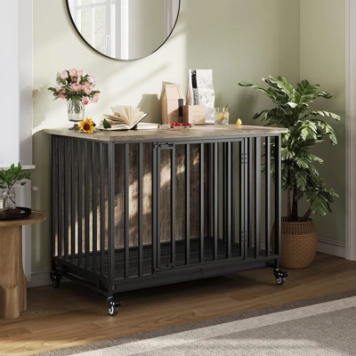 Heavy Duty Dog Crate Furniture With Wheels, 39'' Dog Kennel Furniture With Removable Tray, Wooden Pet Cage Indoor, Decorative Side End Table 9 Heavy Duty Dog Crate Furniture With Wheels, 39'' Dog Kennel Furniture With Removable Tray, Wooden Pet Cage Indoor, Decorative Side End Table - Image 7