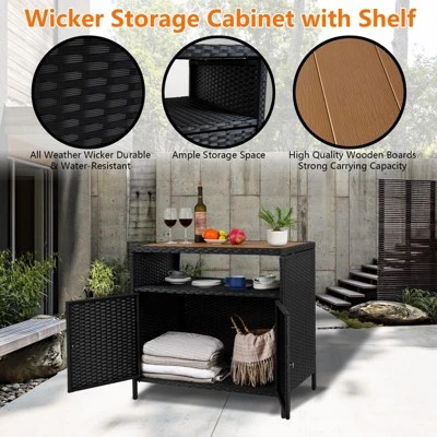 Outdoor Storage Cabinet With Doors - Weatherproof Rattan Patio Storage Box & Bar Table 6 Outdoor Storage Cabinet With Doors - Weatherproof Rattan Patio Storage Box & Bar Table - Image 4