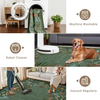 8x10 Washable Rugs Non Slip - Large Floral Area Rug For Living Room, Bedroom (Green) 9 8x10 Washable Rugs Non Slip - Large Floral Area Rug For Living Room, Bedroom (Green) - Image 7