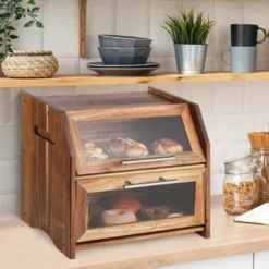 Bread Box, Double Layer Acacia Wooden Bread Bin With Clear Acrylic Door Panel, Air Vents, Countertop Bread Container, Rustic Brown Bread Holder -Furniture GUEST 72974056 a6bd 4c1f 9023 74d8e39e3732