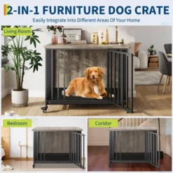 Heavy Duty Dog Crate Furniture With Wheels, 39'' Dog Kennel Furniture With Removable Tray, Wooden Pet Cage Indoor, Decorative Side End Table