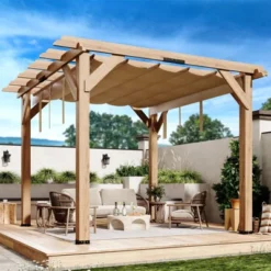 Pergola, Wooden Pergola - 10x10 FT Cedar Wood With Retractable Oxford Fabric Roof, Outdoor Patio Canopy Gazebo With Shade -Furniture GUEST 7397c1ab adbb 4e98 9e05 16b635f0acfb