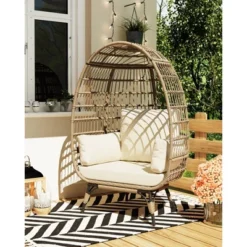 Oversize Wicker Egg Chair Outdoor With Steel Frame, Egg Basket Lounge Chair With 4 Cushions, Egg-Shaped Chair For Patio, Porch, Backyard -Furniture GUEST 74255f80 5f39 4b58 b3fe d15d8e7636bf