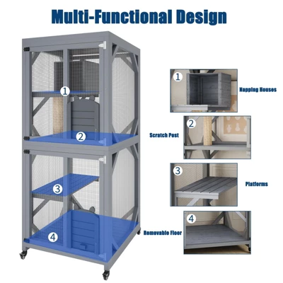 Outdoor Cat Enclosure - 4 Tiers On Wheels With Weatherproof Roof, Platforms, Resting Box, Scratch Post (68'' Window Catios) 4 Outdoor Cat Enclosure - 4 Tiers On Wheels With Weatherproof Roof, Platforms, Resting Box, Scratch Post (68'' Window Catios) - Image 2