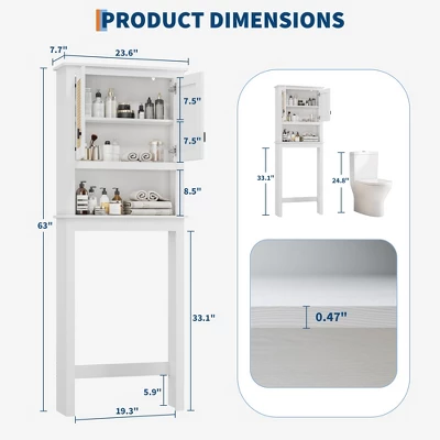 63" Over The Toilet Storage Cabinet,Farmhouse Over Toilet Bathroom Organizer With Rattan Doors,Freestanding Wood Above Toilet Storage Cabinet ,White 3 63" Over The Toilet Storage Cabinet,Farmhouse Over Toilet Bathroom Organizer With Rattan Doors,Freestanding Wood Above Toilet Storage Cabinet ,White