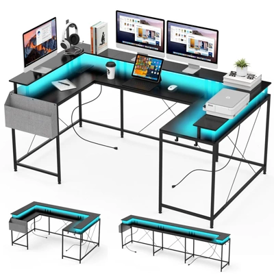 U Shaped Desk, 126 Inch Gaming Desk With Monitor Stand And LED Lights, Reversible Shaped Large Computer Desk With Power Outlets, Office Desk 11 U Shaped Desk, 126 Inch Gaming Desk With Monitor Stand And LED Lights, Reversible Shaped Large Computer Desk With Power Outlets, Office Desk - Image 9