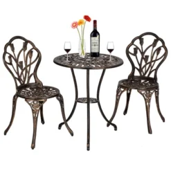 TROPOW Antique Bronze Cast Aluminum Bistro Set 3 Piece Ornate Garden Table & Lattice Chairs With Tulip Motifs -Furniture GUEST 79e7b39a 4b3b 44c6 adf7 150875b10ac2