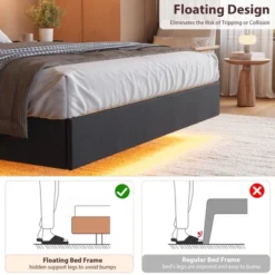 Floating Bed Frame King With LED Lights & USB Charging Station Upholstered Platform Bed With Headboard, Solid Wood Slats Support, No Box Spring -Furniture GUEST 7a559a2b db6a 4a4c 8cc1 d150bfc20900