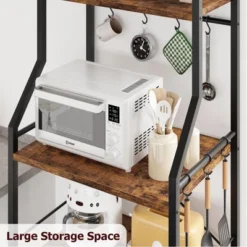 Kitchen Bakers Rack, Microwave Oven Stand With Large Wire Basket, Industrial Coffee Bar Station, 4-Tier Kitchen Utility Storage Shelf With 8 Hooks -Furniture GUEST 7a906f3d f975 4ae6 946b d6401a83eef3