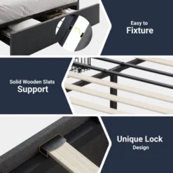 Platform Bed Frame With 3 Storage Drawers, Fabric Upholstered, Wooden Slats Support, No Box Spring Needed, Noise Free, Easy Assembly, Dark Grey -Furniture GUEST 7ab90065 7daa 4f0a b245 6e82be4b7526