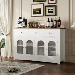 55Inch Large Sideboard Buffet Storage Cabinet With 3 Drawer And 4 Doors Wood Coffee Bar Buffet Table