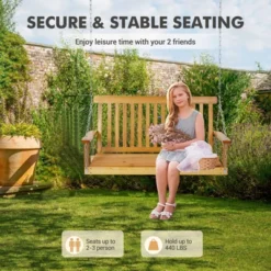 48in Heavy Duty Porch Swing - 440lb Capacity Outdoor Wooden Swing With Hanging Chains Ordinary Model, Rustic Natural Finish