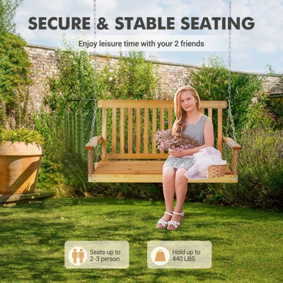 48in Heavy Duty Porch Swing - 440lb Capacity Outdoor Wooden Swing With Hanging Chains Ordinary Model, Rustic Natural Finish 3 48in Heavy Duty Porch Swing - 440lb Capacity Outdoor Wooden Swing With Hanging Chains Ordinary Model, Rustic Natural Finish