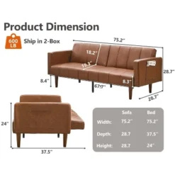 75" Futon Sofa Bed Mid-Century Futon Couch, PU Leathe Convertible Sleeper Couch With Adjustable Backrest, Loveseat And Side Pockets For Living Room -Furniture GUEST 7d0e1ff5 83ef 4954 a546 65299d4bc5e9