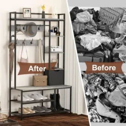 Hall Tree Bench With Storage | 5-in-1 Entryway Bench With Shoe Rack, 12 Hooks & Cabinet | Entryway Organizer For Hallway, Foyer, Mudroom,Grey -Furniture GUEST 7d95580d af71 4847 94f4 977a79648423