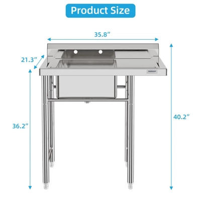 Compartment Stainless Steel Utility Sink With Backsplash, Freestanding Laundry Sink, Cleaning Washing Station For Garage, Kitchen, Backyard 5 Compartment Stainless Steel Utility Sink With Backsplash, Freestanding Laundry Sink, Cleaning Washing Station For Garage, Kitchen, Backyard - Image 3