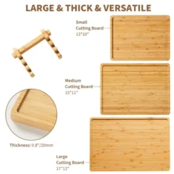 Cutting Board Set, 3-Piece Bamboo Kitchen Chopping Boards With Holder - Deep Juice Groove & Handles For Meat, Veggies, Fruit