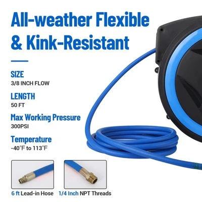 Wall Mount Air Hose Reel Retractable - Auto Rewind Compressor Hose Reel With 180° Swivel, 300 PSI Hybrid Hose, 1/4" Out, 3/8" In (PP) 4 Wall Mount Air Hose Reel Retractable - Auto Rewind Compressor Hose Reel With 180° Swivel, 300 PSI Hybrid Hose, 1/4" Out, 3/8" In (PP) - Image 2