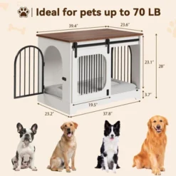 Dog Crate Furniture, 39.4" Dog Kennel For Dogs Up To 70 Lb, With Bed Mat, Heavy-Duty Dog Cage End Table, Three Doors Dog House, White/Brown