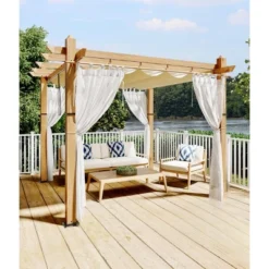 TROPOW Outdoor Aluminum Pergola, Heavy-Duty Woodgrain Patio Pergola With Retractable Canopy Sun Shade & Side Mesh Curtain, Metal Gazebo -Furniture GUEST 7fa0fe94 1fb7 4eeb a60d e600afc910e4