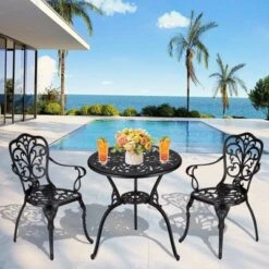 TROPOW 3 Piece Bistro Set, Outdoor Bistro Table And Chairs Set Of 2, Rust-Resistant Cast Aluminum All Weather Patio Outdoor Bistro Set With Umbrella -Furniture GUEST 8068597e 8d14 4c07 8bcd 855099d9a572