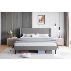 Queen Size Bed Frame With Upholstered Headboard,Wooden Platform Bed Frame With 2 Storage Pockets,Vertical Channel Tufted Wingback,Light Gray