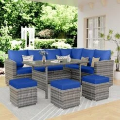 7 Piece Outdoor Patio Furniture Set, Rattan Deck Sectional Conversation Sofa Set With Dining Table, All-Weather 9 Seating Patio Sofa , Porch