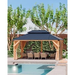 Wood Gazebo, Upgrade Wooden Frame, Double Galvanized Steel Roof, Hardtop Gazebo With Nettings And Curtains For Backyard, Patio, Garden And Lawn -Furniture GUEST 82f7b3d5 a0e3 4e55 a351 68d4c923c3aa