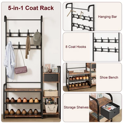 3-in-1 Hall Tree Coat Rack With Shoe Storage And Drawer, Heavy-Duty Steel Frame Entryway Bench, Multifunctional Mudroom Organizer 3 3-in-1 Hall Tree Coat Rack With Shoe Storage And Drawer, Heavy-Duty Steel Frame Entryway Bench, Multifunctional Mudroom Organizer