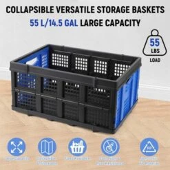 Collapsible Milk Crate, 14.5 Gallon Stackable Heavy Duty Plastic Storage Crate With Handle, 55 Lb Capacity, Folding Storage Busket Foldable Bin