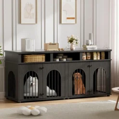 Double Dog Crate Furniture 71" Dog Kennel Furniture For 2 Medium Dogs, Heavy Duty Dogs Cage XL Dogs House Indoor With 3 Storage Shelves
