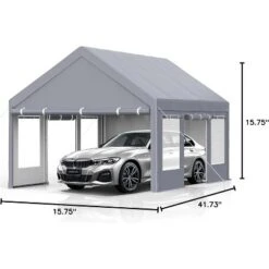 Carport, Portable Garage - 13x20 Ft Heavy Duty Galvanized Steel Canopy With All-Season Cover, 4 Roll-Up Doors & Windows (Grey) -Furniture GUEST 8688ece9 0bd8 4bd8 912d 3d6d0745f200