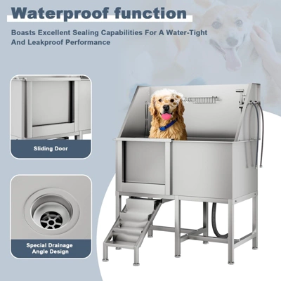 Pet Bath Tub - 50'' Professional Stainless Steel With Retractable Stairs, Faucet/Showerhead, Washing Gloves, For Large/Medium/Small Pets 5 Pet Bath Tub - 50'' Professional Stainless Steel With Retractable Stairs, Faucet/Showerhead, Washing Gloves, For Large/Medium/Small Pets - Image 3