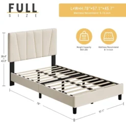 Bed Frame, Upholstered Full Size With Adjustable Headboard - Velvet Tufted Platform Bedframe, No Box Spring Needed, Beige