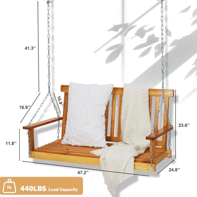 48in Heavy Duty Porch Swing - 440lb Capacity Outdoor Wooden Swing With Hanging Chains Ordinary Model, Rustic Natural Finish 7 48in Heavy Duty Porch Swing - 440lb Capacity Outdoor Wooden Swing With Hanging Chains Ordinary Model, Rustic Natural Finish - Image 5