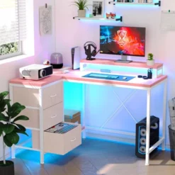 43 Inch Computer Desk, L Shaped Desk With Power Outlets And Led Lights, 3-Drawer Gaming Desk With Storage Shelves And Monitor Stand -Furniture GUEST 893e09dd 0811 49b0 a5cb a712355cdb31