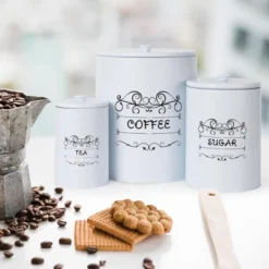 Kitchen Canisters Set, 3 Pcs Vintage Food Storage Containers With Airtight Lids - Farmhouse Coffee Tea Sugar Jars For Countertop