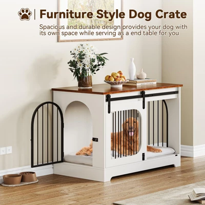Dog Crate Furniture, 39.4" Dog Kennel For Dogs Up To 70 Lb, With Bed Mat, Heavy-Duty Dog Cage End Table, Three Doors Dog House, White/Brown 4 Dog Crate Furniture, 39.4" Dog Kennel For Dogs Up To 70 Lb, With Bed Mat, Heavy-Duty Dog Cage End Table, Three Doors Dog House, White/Brown - Image 2