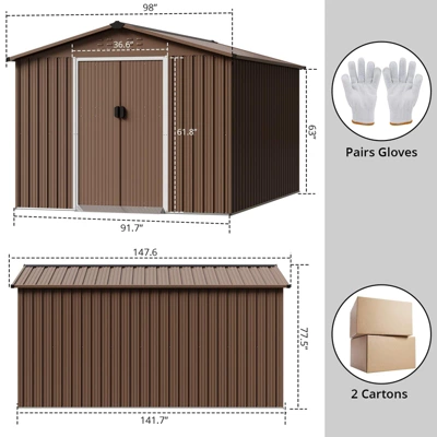 TROPOW 8x12 FT Outdoor Storage Shed, Metal Garden Shed With Lockable Door,and Sloped Roof, Utility Metal Tool Storage Sheds For Backyard, Brown 7 TROPOW 8x12 FT Outdoor Storage Shed, Metal Garden Shed With Lockable Door,and Sloped Roof, Utility Metal Tool Storage Sheds For Backyard, Brown - Image 5